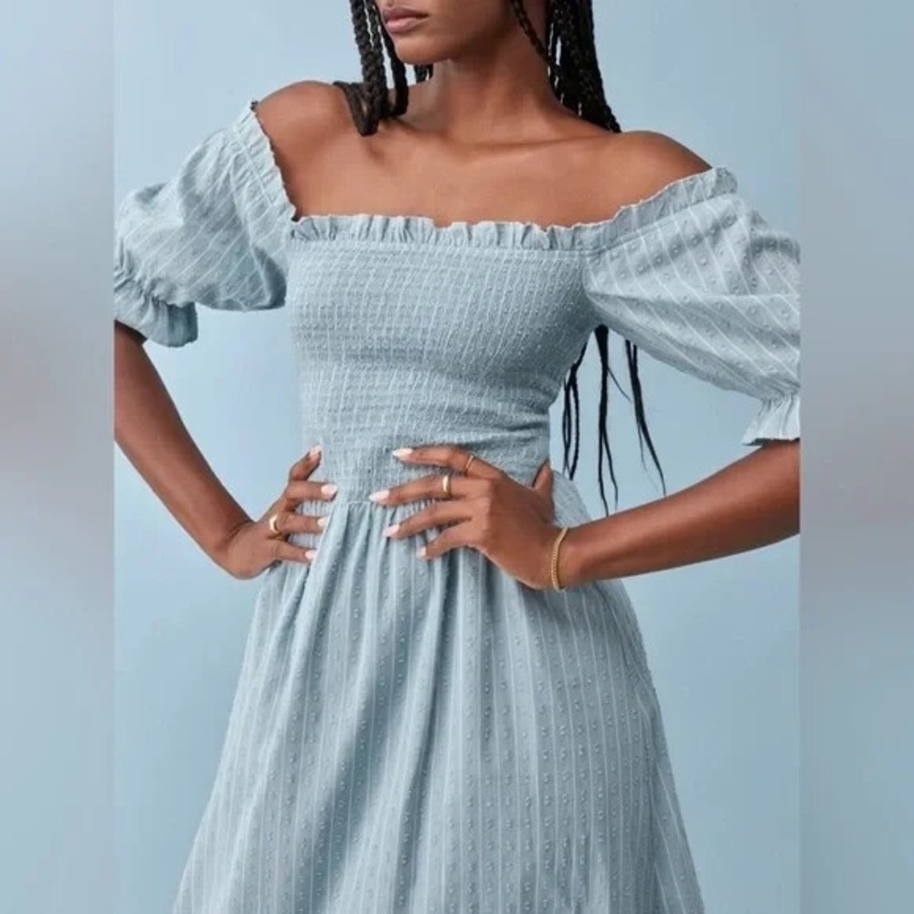 Reformation Off-Shoulder Smocked Midi Dress in Light Blue